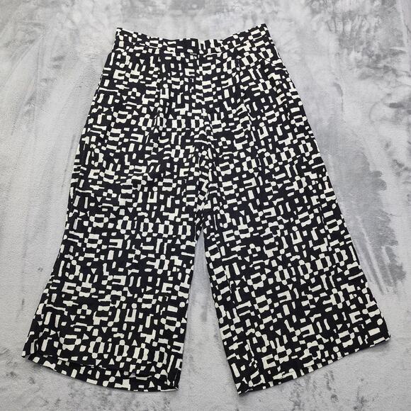 Banana Republic Pants Womens L Black Print Linen Blend Pull On Wide Leg Crop - Picture 1 of 10